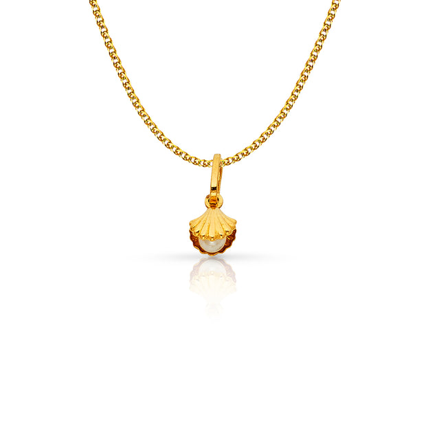 14K Gold Clam Shell with Pearl Charm Pendant with 1.2mm Flat Open Wheat Chain Necklace