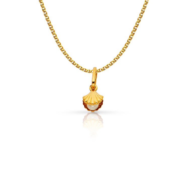 14K Gold Clam Shell with Pearl Charm Pendant with 1.2mm Flat Open Wheat Chain Necklace