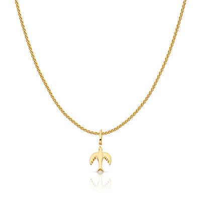 14K Gold Flying Sparrow Bird Charm Pendant with 0.9mm Wheat Chain Necklace