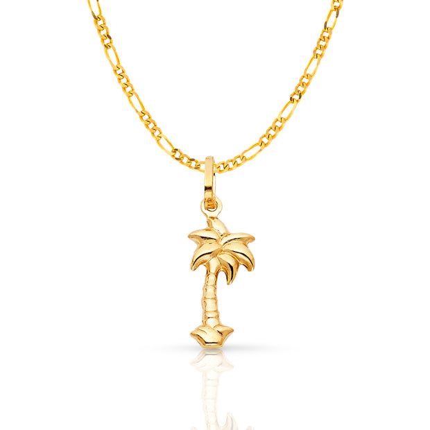 14K Gold Palm Tree Charm Pendant with 1.6mm Figaro 3+1 Chain Necklace