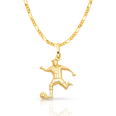 14K Gold Soccer Player Charm Pendant with 2mm Figaro 3+1 Chain Necklace
