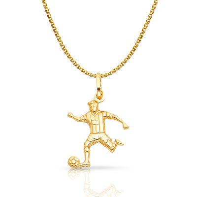 14K Gold Soccer Player Charm Pendant with 1.5mm Flat Open Wheat Chain Necklace
