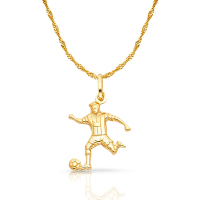 14K Gold Soccer Player Charm Pendant with 1.2mm Singapore Chain Necklace