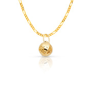 14K Gold Plain Soccer Ball Charm Pendant with 2mm Figaro 3+1 Chain Necklace