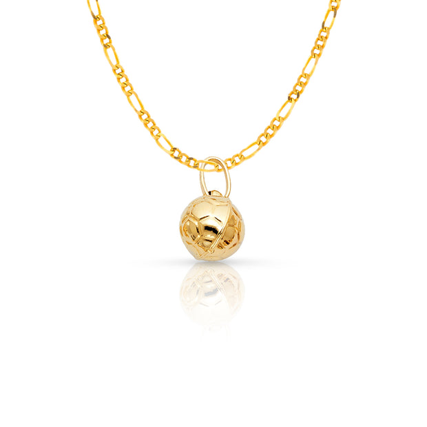 14K Gold Plain Soccer Ball Charm Pendant with 2mm Figaro 3+1 Chain Necklace