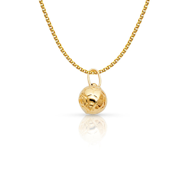 14K Gold Plain Soccer Ball Charm Pendant with 1.5mm Flat Open Wheat Chain Necklace