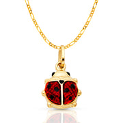 14K Gold Lady Bug Enamel Lucky Charm Pendant with 2mm Figaro 3+1 Chain Necklace