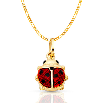 14K Gold Lady Bug Enamel Lucky Charm Pendant with 2mm Figaro 3+1 Chain Necklace