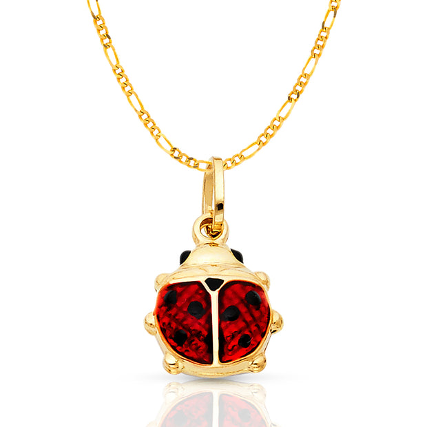14K Gold Lady Bug Enamel Lucky Charm Pendant with 2mm Figaro 3+1 Chain Necklace
