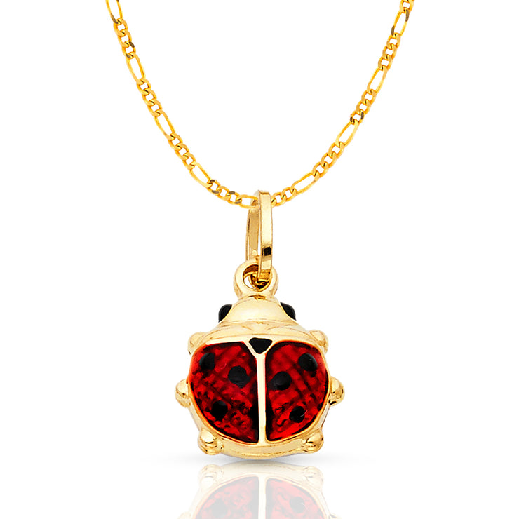 14K Gold Lady Bug Enamel Lucky Charm Pendant with 2mm Figaro 3+1 Chain Necklace