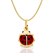 14K Gold Lady Bug Enamel Lucky Charm Pendant with 1.5mm Flat Open Wheat Chain Necklace