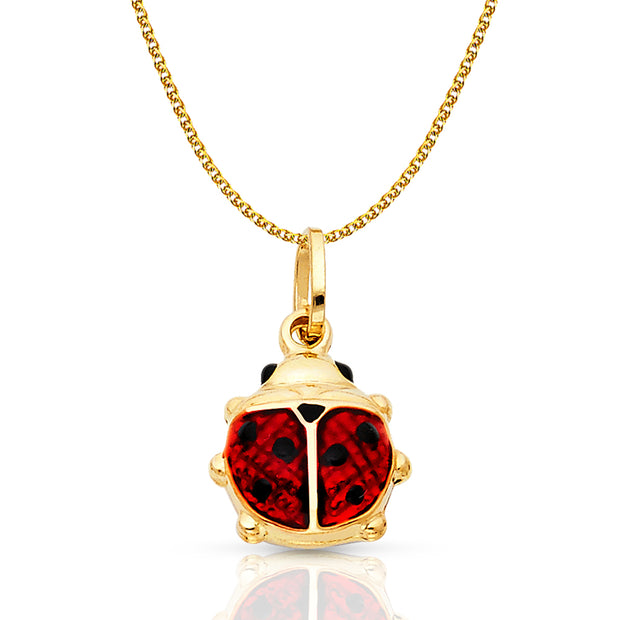 14K Gold Lady Bug Enamel Lucky Charm Pendant with 1.5mm Flat Open Wheat Chain Necklace