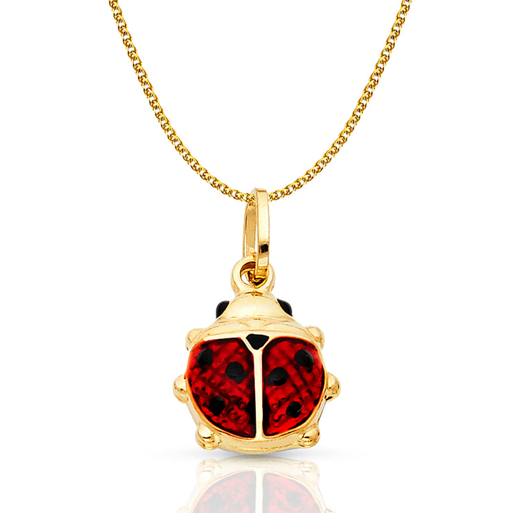 14K Gold Lady Bug Enamel Lucky Charm Pendant with 1.5mm Flat Open Wheat Chain Necklace