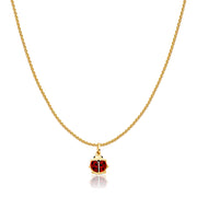 14K Gold Lady Bug Colored Enamel Lucky Charm Pendant with 0.9mm Wheat Chain Necklace