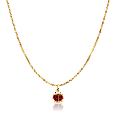 14K Gold Lady Bug Colored Enamel Lucky Charm Pendant with 0.9mm Wheat Chain Necklace