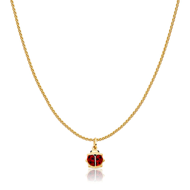 14K Gold Lady Bug Colored Enamel Lucky Charm Pendant with 0.9mm Wheat Chain Necklace