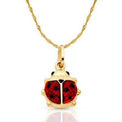 14K Gold Lady Bug Enamel Lucky Charm Pendant with 1.2mm Singapore Chain Necklace