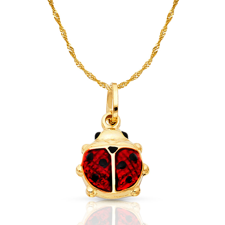 14K Gold Lady Bug Enamel Lucky Charm Pendant with 1.2mm Singapore Chain Necklace