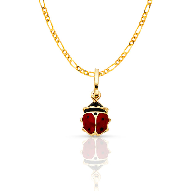 14K Gold Lady Bug Enamel Lucky Charm Pendant with 1.6mm Figaro 3+1 Chain Necklace