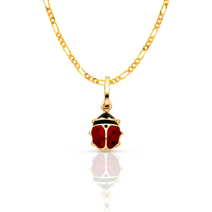 14K Gold Lady Bug Enamel Lucky Charm Pendant with 1.6mm Figaro 3+1 Chain Necklace