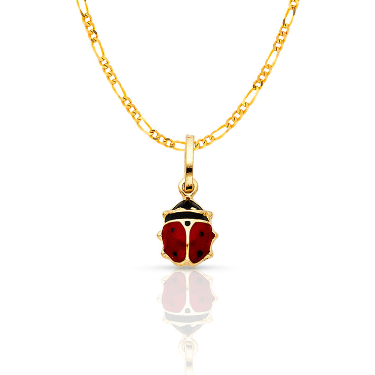 14K Gold Lady Bug Enamel Lucky Charm Pendant with 1.6mm Figaro 3+1 Chain Necklace