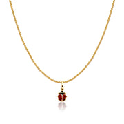 14K Gold Lady Bug Colored Enamel Lucky Charm Pendant with 0.9mm Wheat Chain Necklace