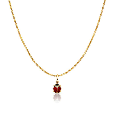 14K Gold Lady Bug Colored Enamel Lucky Charm Pendant with 0.9mm Wheat Chain Necklace