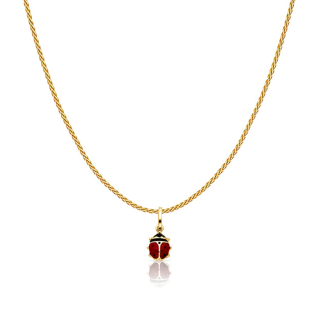 14K Gold Lady Bug Colored Enamel Lucky Charm Pendant with 0.9mm Wheat Chain Necklace