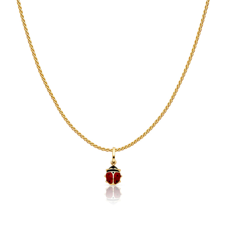 14K Gold Lady Bug Colored Enamel Lucky Charm Pendant with 0.9mm Wheat Chain Necklace