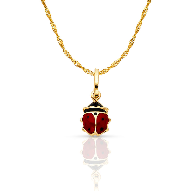 14K Gold Lady Bug Enamel Lucky Charm Pendant with 0.9mm Singapore Chain Necklace