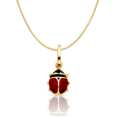 14K Gold Lady Bug Colored Enamel Lucky Charm Pendant with 0.8mm Box Chain Necklace