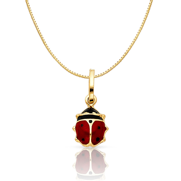 14K Gold Lady Bug Colored Enamel Lucky Charm Pendant with 0.8mm Box Chain Necklace