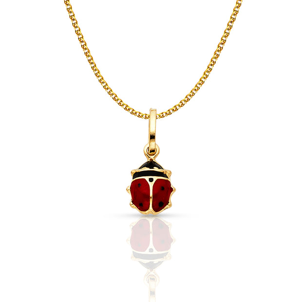 14K Gold Lady Bug Enamel Lucky Charm Pendant with 1.2mm Flat Open Wheat Chain Necklace