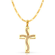 14K White Gold Swaying Cross CZ  Charm Pendant with 2.3mm Figaro 3+1 Chain Necklace