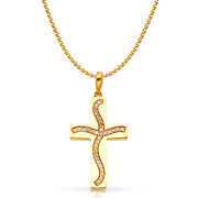 14K White Gold Swaying Cross CZ  Charm Pendant with 1.5mm Flat Open Wheat Chain Necklace