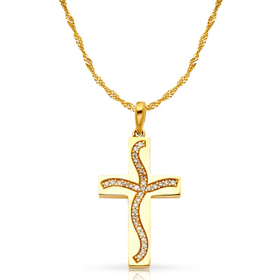 14K White Gold Swaying Cross CZ  Charm Pendant with 1.2mm Singapore Chain Necklace