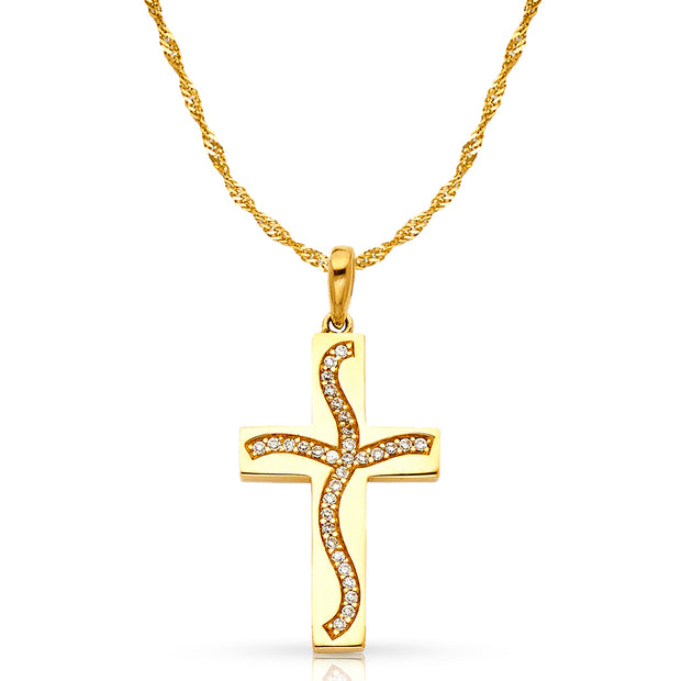 14K White Gold Swaying Cross CZ  Charm Pendant with 1.2mm Singapore Chain Necklace