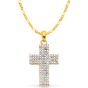14K White Gold Fancy Cross CZ Studded  Charm Pendant with 2.3mm Figaro 3+1 Chain Necklace
