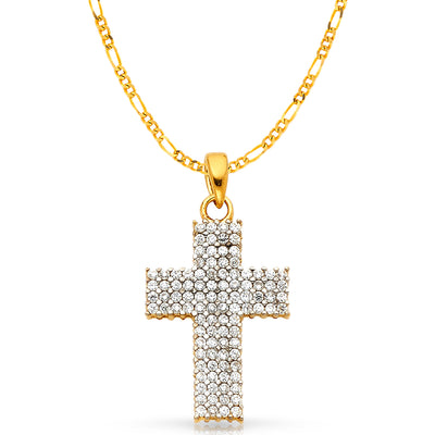 14K White Gold Fancy Cross CZ Studded  Charm Pendant with 2.3mm Figaro 3+1 Chain Necklace