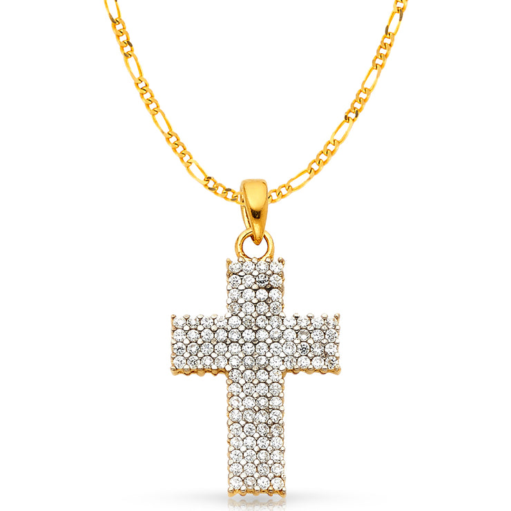 14K White Gold Fancy Cross CZ Studded  Charm Pendant with 2.3mm Figaro 3+1 Chain Necklace