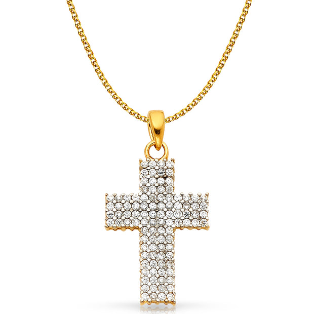 14K White Gold Fancy Cross CZ Studded  Charm Pendant with 1.5mm Flat Open Wheat Chain Necklace