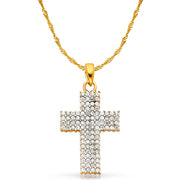 14K White Gold Fancy Cross CZ Studded  Charm Pendant with 1.2mm Singapore Chain Necklace