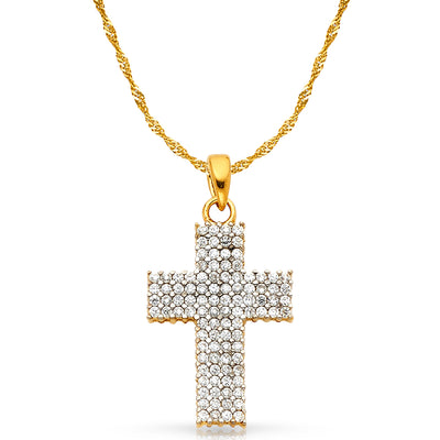 14K White Gold Fancy Cross CZ Studded  Charm Pendant with 1.2mm Singapore Chain Necklace