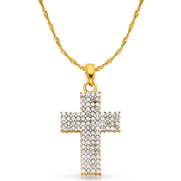 14K White Gold Fancy Cross CZ Studded  Charm Pendant with 1.2mm Singapore Chain Necklace