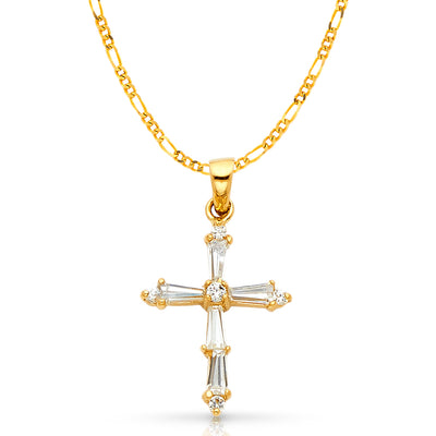 14K Gold Cross Tapered Baguette CZ  Charm Pendant with 2mm Figaro 3+1 Chain Necklace
