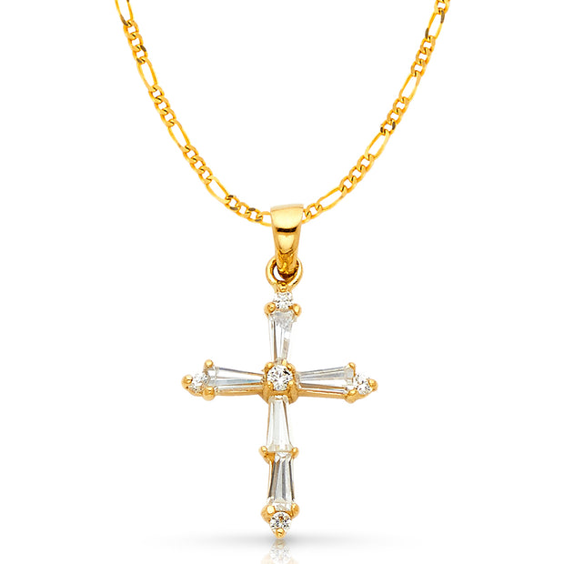 14K Gold Cross Tapered Baguette CZ  Charm Pendant with 2mm Figaro 3+1 Chain Necklace