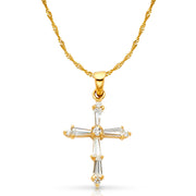 14K Gold Cross Tapered Baguette CZ  Charm Pendant with 1.2mm Singapore Chain Necklace