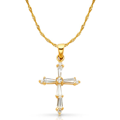 14K Gold Cross Tapered Baguette CZ  Charm Pendant with 1.2mm Singapore Chain Necklace