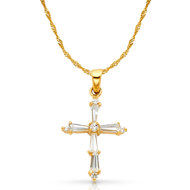 14K Gold Cross Tapered Baguette CZ  Charm Pendant with 1.2mm Singapore Chain Necklace