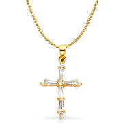 14K Gold Cross Tapered Baguette CZ  Charm Pendant with 1.2mm Flat Open Wheat Chain Necklace